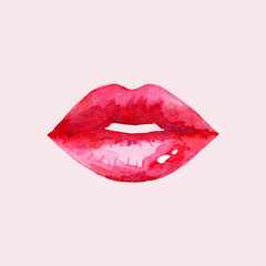 Women's lips. Hand drawn watercolor lips isolated on white background.  Fashion and beauty illustration. Sexy kiss. Design for beauty salon, make-up studio, makeup artist, meeting website. 
