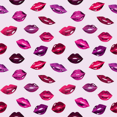 Women's lips pattern. Hand drawn watercolor lips isolated on white background.  Fashion and beauty illustration. Sexy kiss. Design for beauty salon, make-up studio, makeup artist, meeting website. 