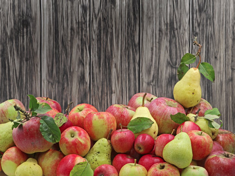 fresh harvest of ripe apples and pears on wooden background