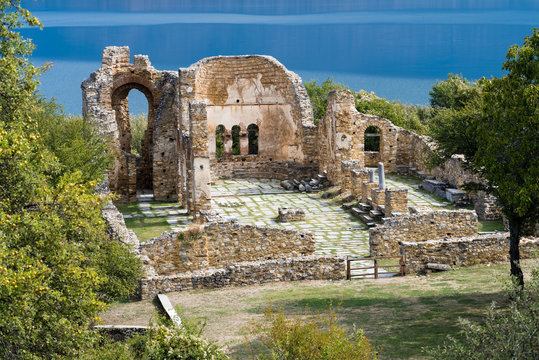 Ruins of the Basilica of Agios (Saint) Achillios at the Small Prespa Lake in northern Greece