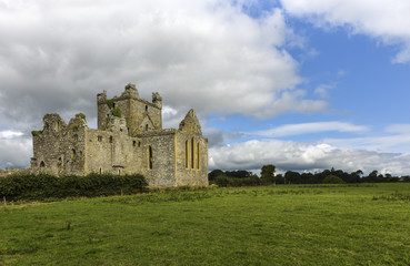 Fototapeta na wymiar Ruins of former Cistercian monastery Dunbrodey Abbey on green meadow against blue cloudy sky, County Wexford, Ireland