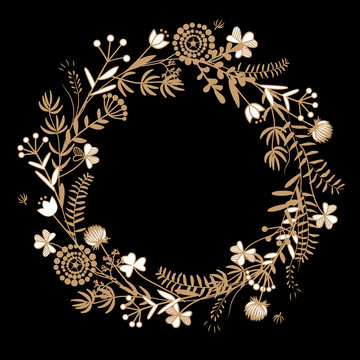 Gold autumn floral wreath on black background. Raster illustration