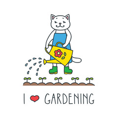 I love gardening. Doodle vector illustration of funny gardener cat.