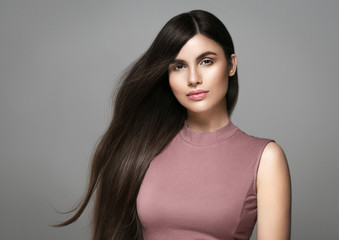 Beautiful hairstyle woman portrait, long brunette hair beauty female