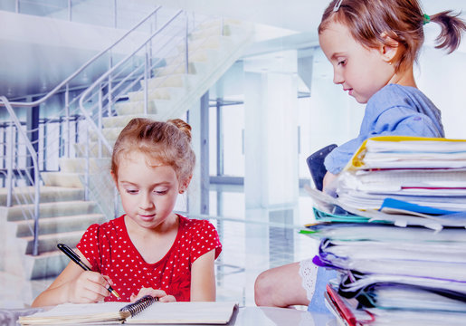 Humorous photo of angry boss child girl waiting for answer of her worker and listening to his explanations.