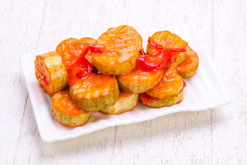 Pickled zucchini in the bowl