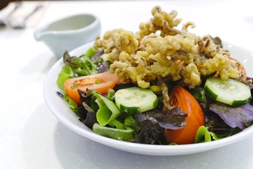 Mixed Salad with Crispy Squid Tentacles in deep Fried on the white table.