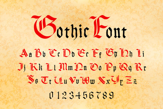 Red and black gothic font, set of medieval letters and numbers on old paper