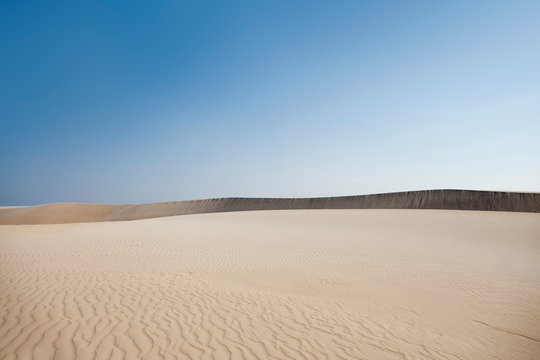 Desert like sand dune with textured sand and bright blue sky