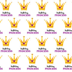 Vector Illustration. Cartoon crowns seamless pattern with violet diamond and birthday princess