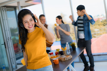 new year party in office business partner woman and men enjoy sing and dance together with happiness and joyful moment