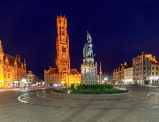Obraz premium Brugge. Market square at sunset.