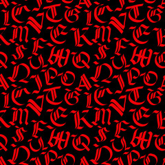Old red gothic letters on black, calligraphy seamless pattern