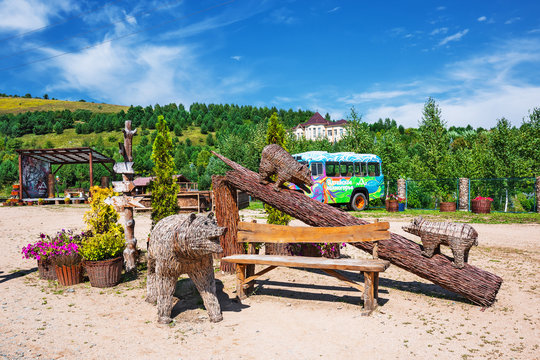 The territory of the Park, the composition of bears. The Village Of Altai, Gorny Altai, Southern Siberia
