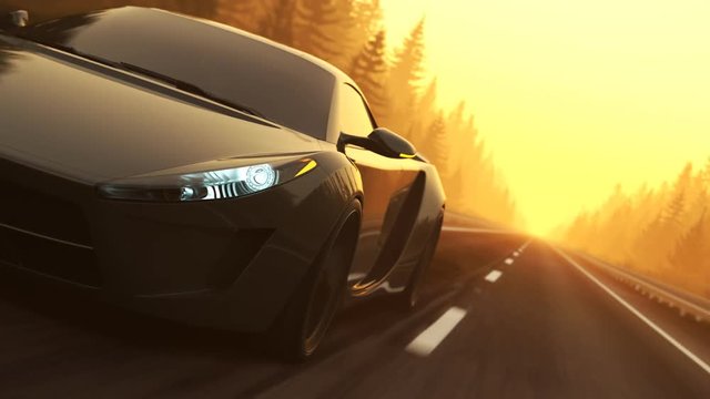 Fast, slick supercar endless driving through a coniferous forest during sunset.