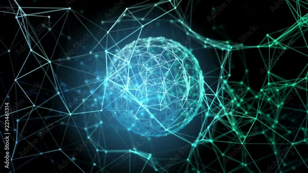 Poster Blue plexus structure being pushed by plexus sphere growing. Organic motion, flickering lights. Abstract science, technology and engineering motion background. Depth of field settings. 3D rendering.