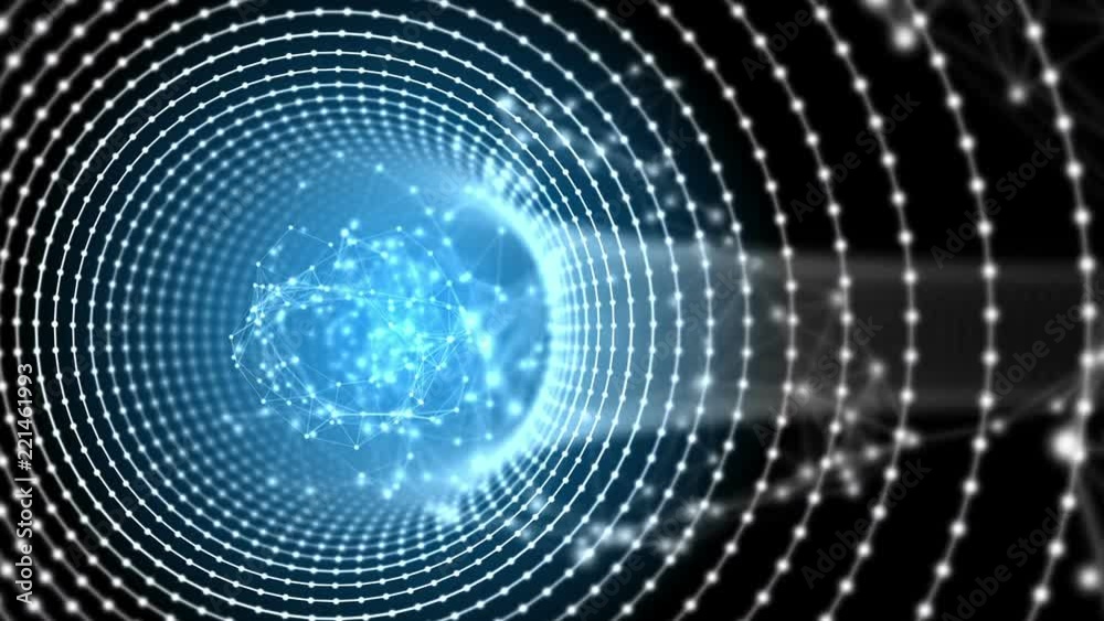 Aufkleber Going forward through an abstract blue tunnel. Light lines and nodes structure. Animated plexus structure inside. Technology and engineering motion background. Depth of field settings. 3D rendering.