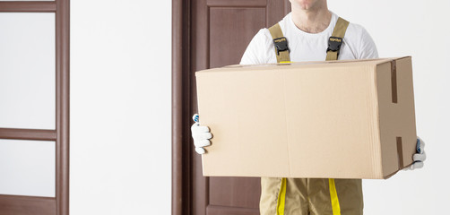 Worker with box in apartment