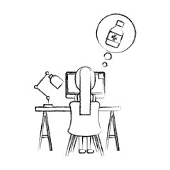 female doctor in the workplace thinking pills bottle