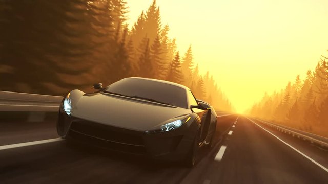 Fast, slick supercar driving through a coniferous forest during sunset. 4K HD