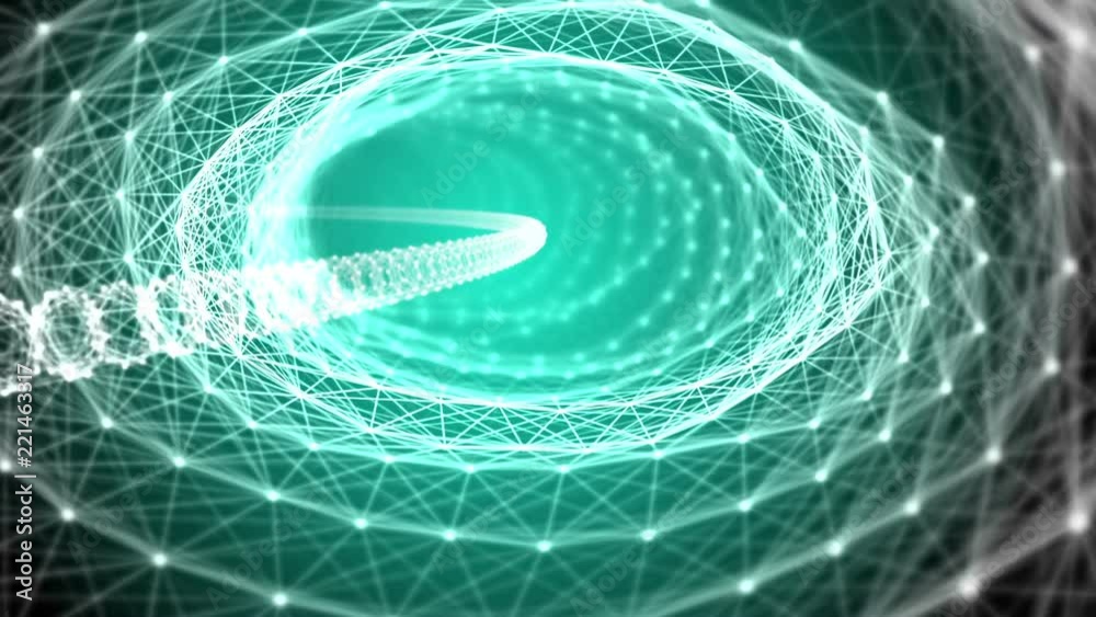 Poster Going backwards through an abstract tunnel. Light lines and nodes structure in organic motion. Central light inside. Technology and engineering motion background. Depth of field setting. 3D rendering.