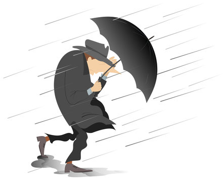 Strong wind, rain and man with hat and umbrella isolated illustration. Whirlwind, rain and man with umbrella keeps hat by the hand isolated on white illustration
