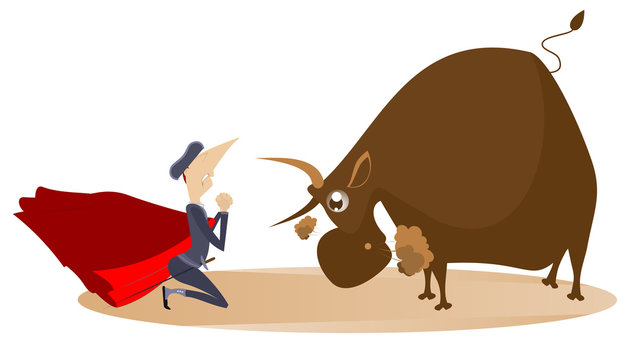 Cartoon bullfighter and angry bull illustration. Cartoon bullfighter with matador cape and sword stands in the kneel in front of the angry bull and prays for mercy isolated on white illustration
