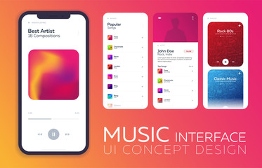 Mobile UI Design Concept. Music Player Interface. Vector Illustration. - obrazy, fototapety, plakaty