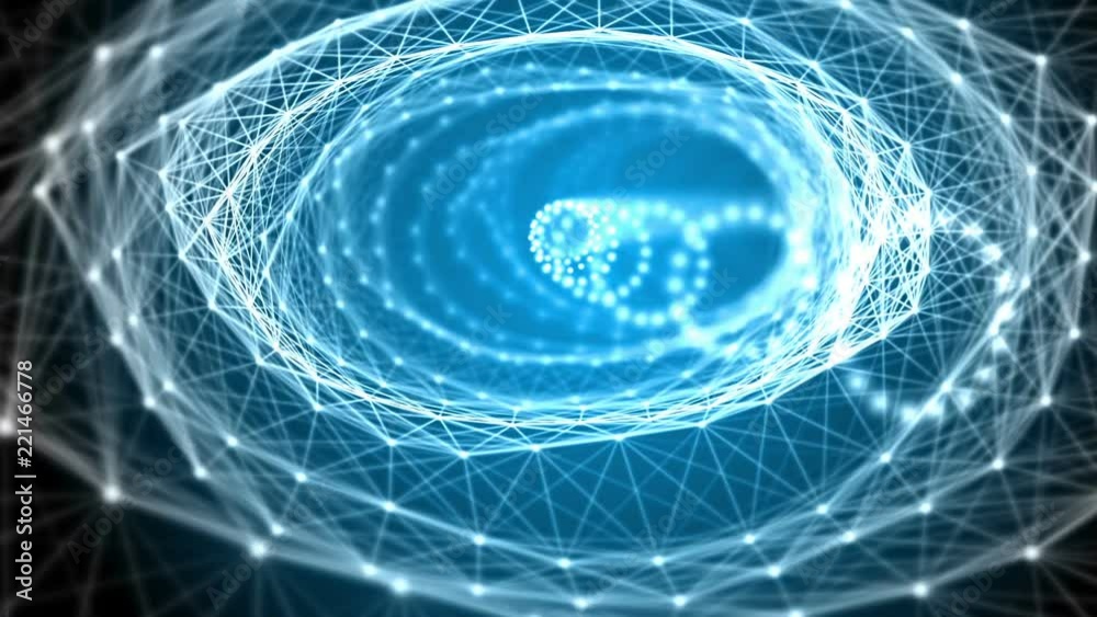 Poster Going forward through an abstract tunnel. Light lines and nodes structure in organic motion. Central light inside. Technology and engineering motion background. Depth of field settings. 3D rendering.