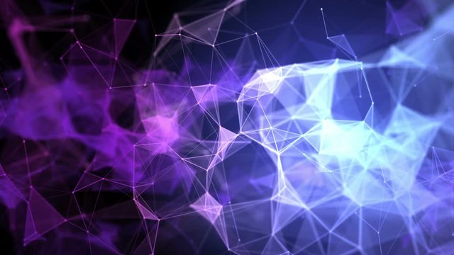 Blue and purple plexus structure in organic motion and flickering lights in the background. Abstract science, technology and engineering motion background. Depth of field settings. 3D rendering.