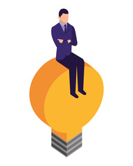 elegant businessman sitting in light bulb character icon