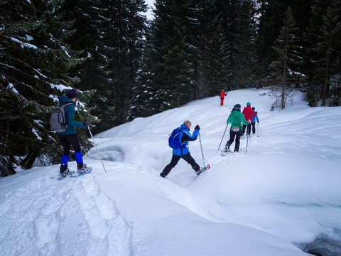 Crossing a snow-covered creek bed with snowshoes
