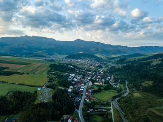 drone image. aerial view of rural mountain area in Slovakia, villages of Zuberec and Habovka from above