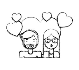 young couple with hearts love characters