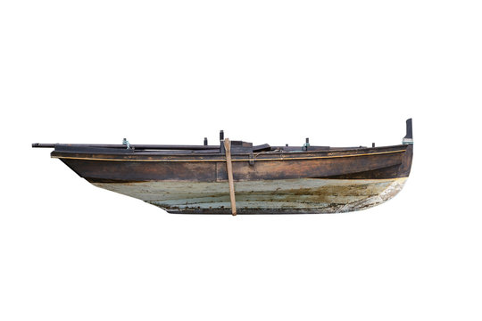 brown wooden fishing boat isolated on white background