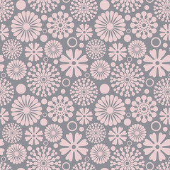 Seamless pink abstract flower vector pattern on grey background, perfect for wallpaper, scrapbooking, textile design and homeware