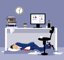 Man sleeping under his desk in the office during working hours, EPS 8 vector illustration