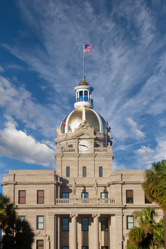 Classic Architecture with Gold Dome and American Flag