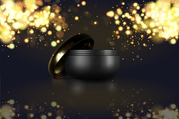 Obraz premium Beautiful cosmetic templates for ads, realistic 3d black matte cosmetic jar for skin care cream. Makeup magazine template with hair care products. Brand illustration on golden sparkle glitter lights.