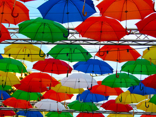 Fototapeta na wymiar St.Petersburg, Russia, Alley of soaring umbrellas on Salt Lane