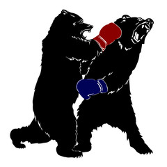 Fototapeta premium Two black bears fighting. Silhouettes of a wild animals in Boxing gloves. Growling beasts. Art design for sport event. Vector illustration