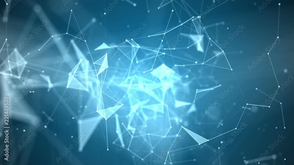 Poster Plexus lines, nodes and polygons evolving in organic motion. Camera traveling inside it. Abstract technology, science and engineering motion background. Depth of field settings. 3D rendering.