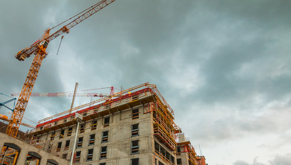 Olowianka island with building construction in Gdansk at sunset, Poland.