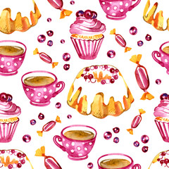 Seamless pattern of cranberries cake, tea, cupcakes and sweets. Hand drawn watercolor background.
