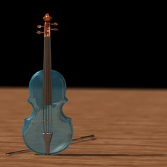 Transparent glass viola on wood   dark background. Transparency crystal romantic music instrument, depth violin. 3d rendering. illustration