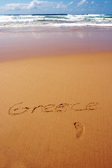 Griechenland Schriftzug am Strand