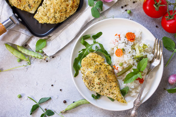 Healthy food: Roast chicken meat and Fried rice with vegetables. Diet menu. Top view flat lay background. Copy space.