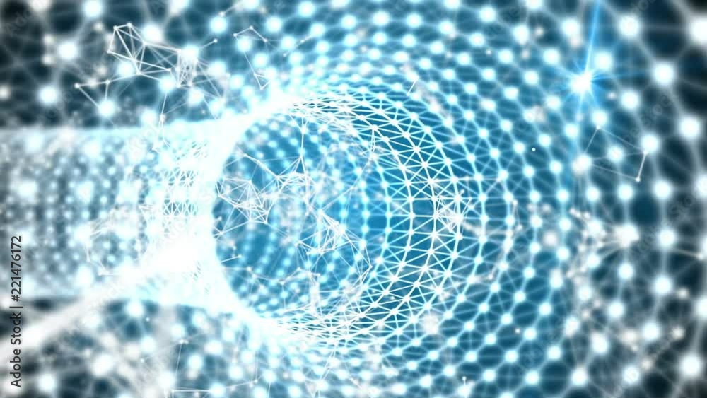 Aufkleber Going forward through an abstract blue tunnel. Light lines and nodes structure. Plexus structure inside. Technology and engineering motion background. Depth of field settings. 3D rendering.