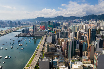 Fototapeta na wymiar Drone fly over Hong Kong downtown
