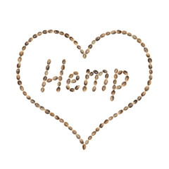 The word Hemp with heart shaped frame written using hemp seeds and isolated on white background